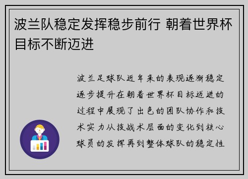波兰队稳定发挥稳步前行 朝着世界杯目标不断迈进