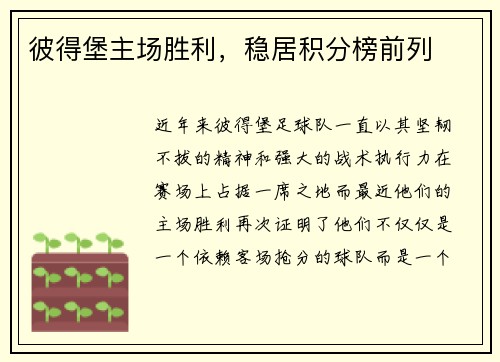 彼得堡主场胜利，稳居积分榜前列