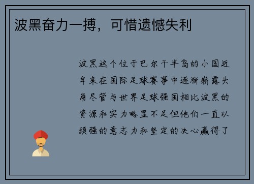 波黑奋力一搏，可惜遗憾失利