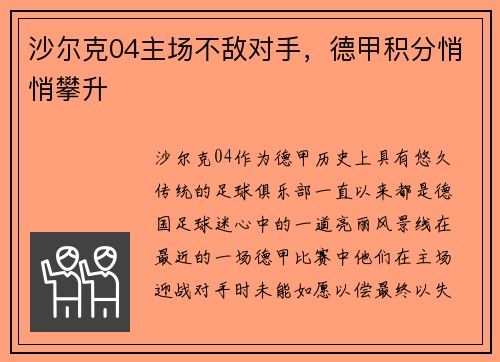 沙尔克04主场不敌对手，德甲积分悄悄攀升