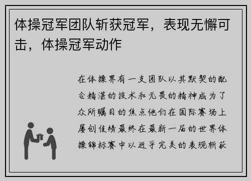 体操冠军团队斩获冠军，表现无懈可击，体操冠军动作