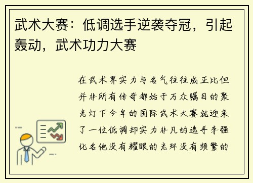 武术大赛：低调选手逆袭夺冠，引起轰动，武术功力大赛