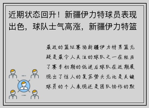 近期状态回升！新疆伊力特球员表现出色，球队士气高涨，新疆伊力特篮球队赛程